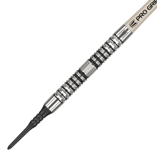 Freccette morbide Target EXO 10 Das Bild zeigt einen Target EXO 10 Softdart. Der Dartpfeil hat ein silbernes, gerilltes Griffstück und eine schwarze Kunststoffspitze.