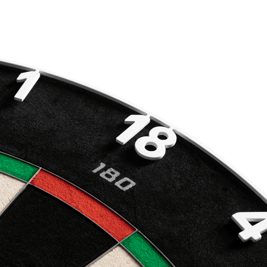 Bersaglio per freccette in acciaio Precise 180 Endorphine con anello numerato - Bianco classico Das Precise 180 Endorphine Steeldartboard mit Nummernring in Weiß ist auf dem Bild zu erkennen. Die hochwertige Steeldartscheibe eignet sich für den professionellen Einsatz.
