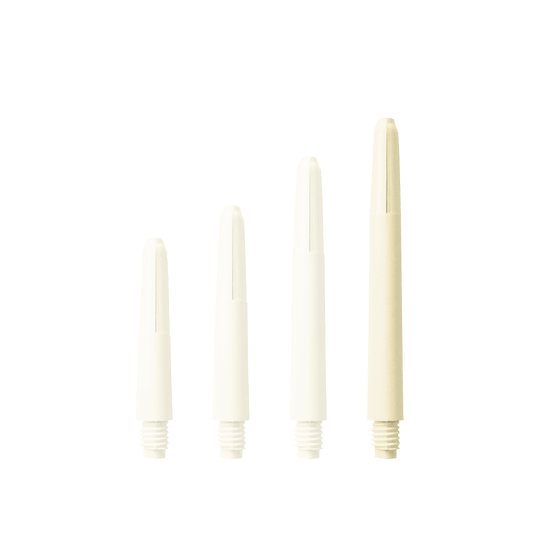 578_Nylon_Shafts_Naturweiss_48mm_1lhq0dozGcBTMT Das Bild zeigt vier Nylon-Schäfte in Naturweiß, die nebeneinander in unterschiedlichen Längen angeordnet sind. Jeder Schaft hat ein Schraubgewinde am unteren Ende.