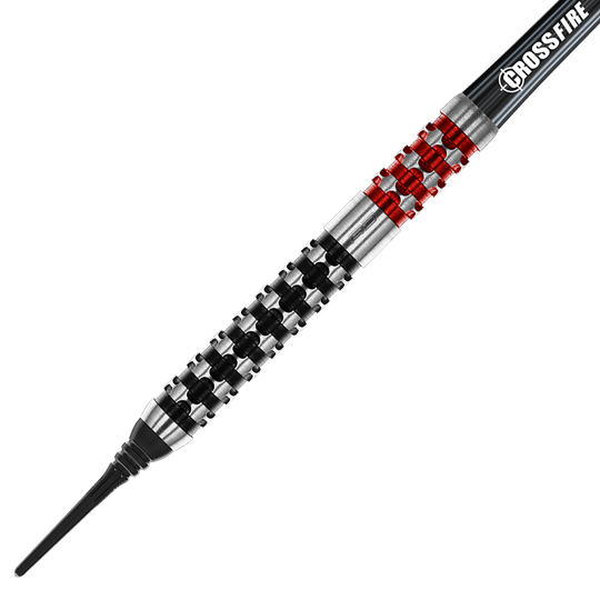 RD2549_Red_Dragon_Crossfire_Softdarts_2 Das Bild zeigt einen Red Dragon Crossfire Softdart mit einem Gewicht von 20 Gramm. Der Dart hat ein markantes, silbernes Design mit roten und schwarzen Akzenten.