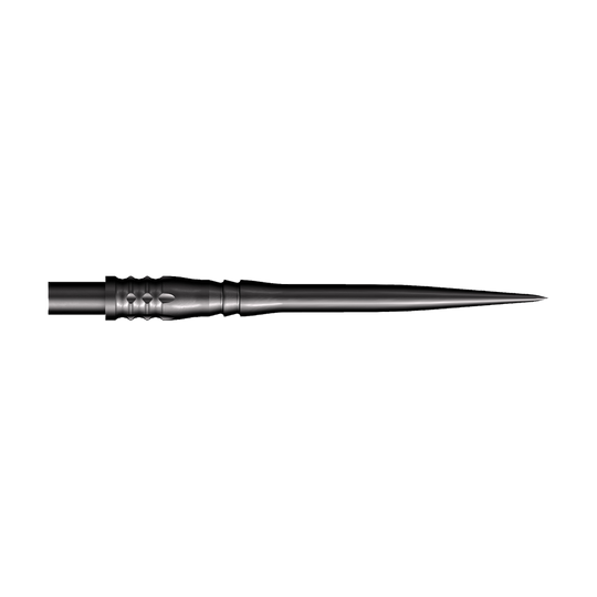 Punte per freccette Shot Cone Rocket Steel - Nere - 35 mm Das Bild zeigt eine schwarze Steeldart-Spitze mit einer Länge von 35 mm. Die Spitze hat ein schlankes, spitz zulaufendes Design und strukturierte Rillen am Schaft.