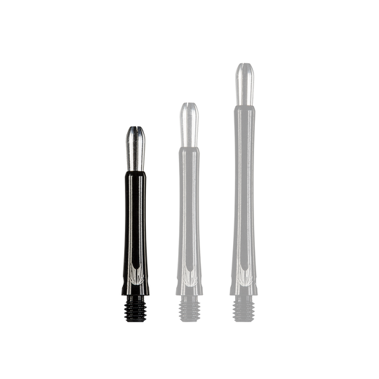 146230_Target_Grip_Style_Aluminium_Shafts_Schwarz_348mm_1Helm198qxQmEr Das Bild zeigt drei schwarze Aluminium-Dartschäfte in unterschiedlichen Längen. Die Schäfte haben ein glänzendes Metallende und ein eingraviertes Muster.
