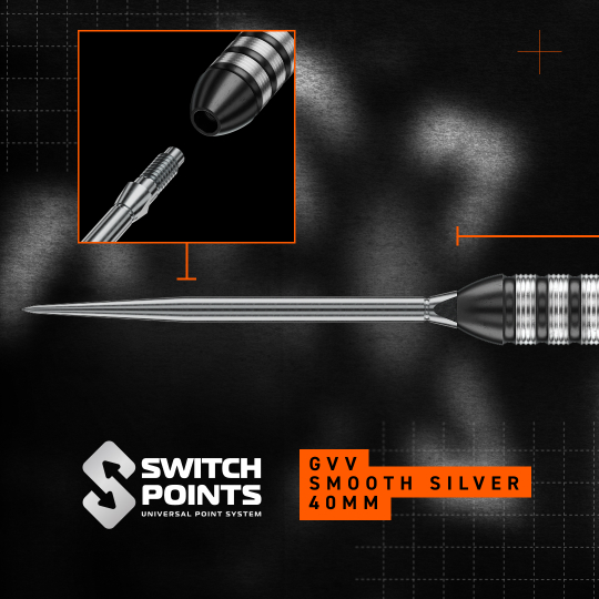 Zu sehen ist Winmau Gian Van Veen TS Switch Point Steeldarts. Die Darts liegen nebeneinander auf einer hellen Fläche.