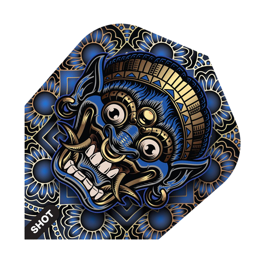 Colpo di arma tribale Java No6 Voli Das Bild zeigt ein Dart-Flight mit einem farbenfrohen, traditionellen Tribal-Design in Blau, Gold und Schwarz. Das auffällige Motiv stellt eine stilisierte, furchteinflößende Maske dar.