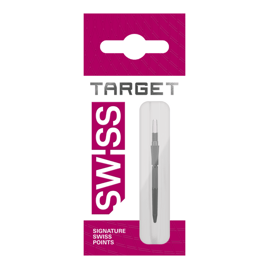 Punte per freccette Target Elysian Archetype 43 Swiss Point in acciaio - Nere Hier sind drei schwarze Dartspitzen von Target Elysian Archetype 43 SwissPoint, 30 mm lang, zu sehen. Sie werden als Gruppe präsentiert.