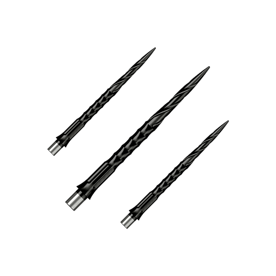 Punte per freccette in acciaio Caliburn System - Spiro - No Lip - Nero Gezeigt wird ein Set von Steeldartspitzen Caliburn Evo System Spiro NoLip Black, 36mm. Die Spitzen sind für Steeldarts geeignet und schwarz gefärbt.