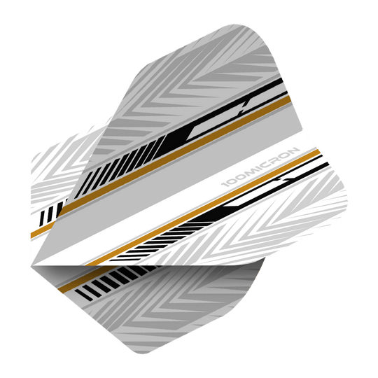 Voli Pentathlon bianchi/neri/oro Das Bild zeigt ein Dartflight mit einem modernen Design in Weiß, Schwarz und Gold. Die Oberfläche ist mit geometrischen Mustern und Streifen verziert.
