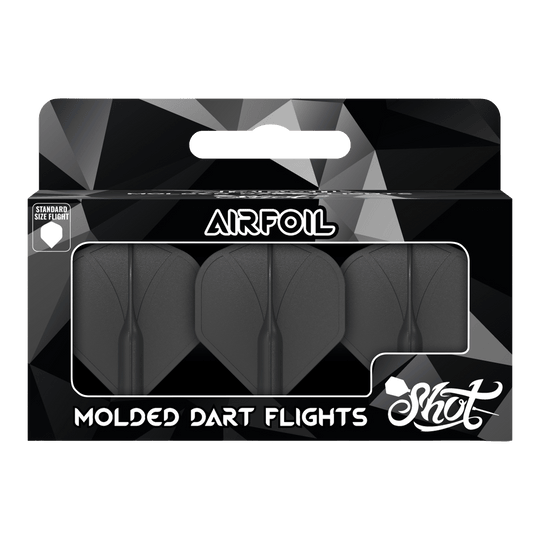Alette standard n. 2 stampate con profilo alare Shot Auf dem Bild ist eine Packung mit drei schwarzen, geformten Dartflights zu sehen. Die Verpackung trägt die Aufschrift „Airfoil“ und „Molded Dart Flights“ der Marke Shot.