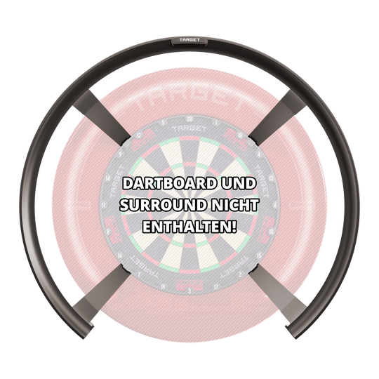 Sistema di punteggio automatico Target OMNI Das Bild zeigt das Produkt "Target OMNI Auto-Scoring-System" vor einem Dartboard. In der Mitte steht der Hinweis: "DARTBOARD UND SURROUND NICHT ENTHALTEN!"
