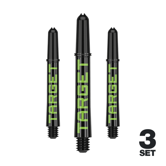Aste Target Pro Grip TAG - 3 set - Nero Verde Das Bild zeigt drei schwarze Dart-Schäfte mit grünem Schriftzug "TARGET". Unten rechts steht "3 SET", was auf ein Set von drei Stück hinweist.