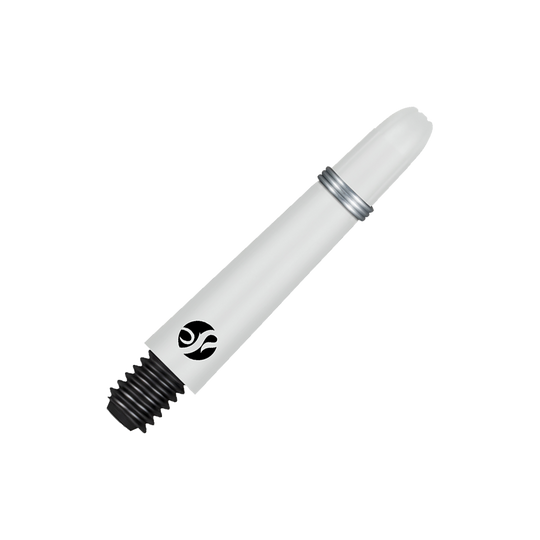 Das Bild zeigt einen weißen Carbon-Schraubschaft mit einem schwarzen Gewinde. Auf dem Schaft ist ein kleines schwarzes Logo zu sehen.