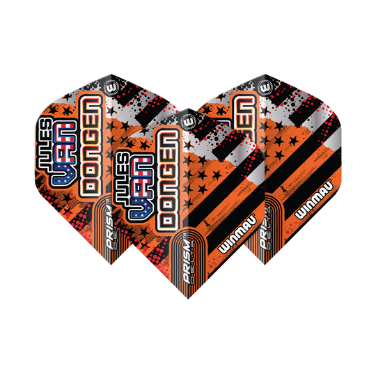 Voli standard Winmau Prism Delta Jules Van Dongen Das Bild zeigt drei Dartflights des Modells "Winmau Prism Delta Jules Van Dongen Standard Flights". Die Flights sind in Schwarz, Orange und Silber gestaltet und tragen den Namen "Jules Van Dongen".