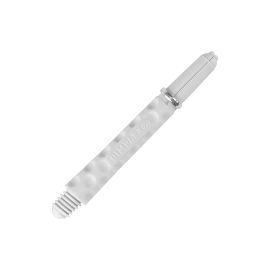 Harrows Dimplex Shafts - Weiß Das Bild zeigt einen weißen Dart-Schaft mit einer genoppten Oberfläche. Auf dem Schaft steht das Wort "DIMPLEX®".