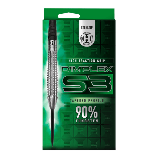 Freccette in acciaio conico Harrows Dimplex S3 Mehrere Harrows Dimplex S3 Tapered Steeldarts sind aus verschiedenen Blickwinkeln zu sehen. Die Darts sind farbig gestaltet.