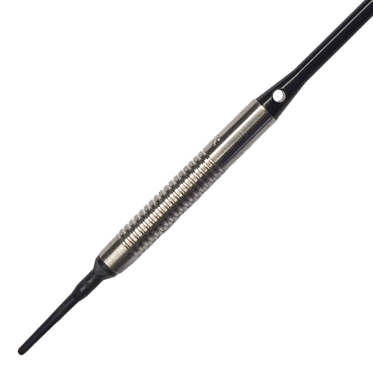 Freccette morbide McDart 85 Tungsten V8 - 18,5 g Das Bild zeigt einen McDart 85er Tungsten V8 Softdart mit einem Gewicht von 18,5 Gramm. Der Dart besteht aus silberfarbenem Metall mit einer geriffelten Griffzone und einer schwarzen Spitze.