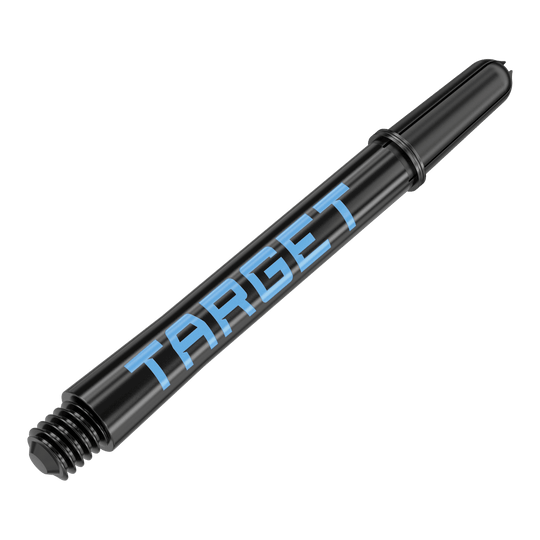 Aste Target Pro Grip TAG - 3 set - Nero Blu Das Bild zeigt einen schwarzen Dart-Schaft mit blauer Schrift, auf dem "TARGET" steht. Der Schaft hat ein Gewinde am Ende zur Befestigung am Dartpfeil.