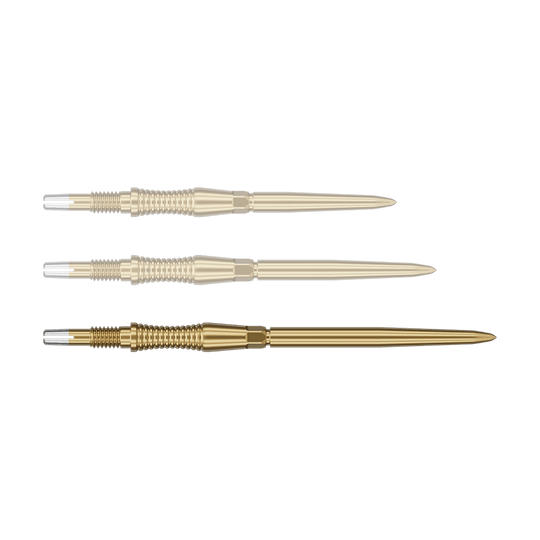 Punte per freccette Target Swiss Point Signature RST - Oro Das Bild zeigt eine Target Swiss Point Dartspitze Signature RST in Gold, 42mm. Diese Dartspitze ist länglich und für professionelle Anwendungen konzipiert.