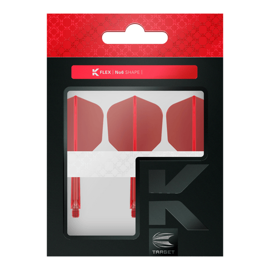 Sistema di volo Target K-Flex No6 - Rosso Das Bild zeigt eine Verpackung mit drei roten Dartflights und Schäften. Die Marke "Target" und die Produktbezeichnung "K-Flex No6 Shape" sind auf der Verpackung sichtbar.