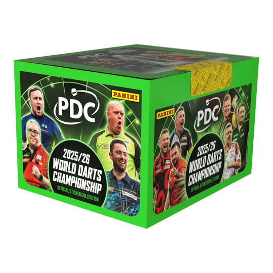 Panini PDC World Darts Championship 2025/26 - Scatola di adesivi con 65 pacchetti Dies ist die Panini PDC World Darts Championship 2025/26 Stickerbox mit 65 Tüten. Die Box ist für das Sammeln von Stickern zur Darts-Weltmeisterschaft geeignet.