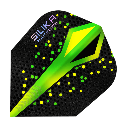 Rivestimento cristallino resistente Harrows Silika Colourshift Verde No6 Voli Das Bild zeigt ein Dart-Flügel von Harrows mit dem Namen "Silika Colourshift Tough Crystalline Coating Green No6". Das Design ist schwarz mit grünen und gelben Akzenten sowie einem auffälligen grünen Muster in der Mitte.