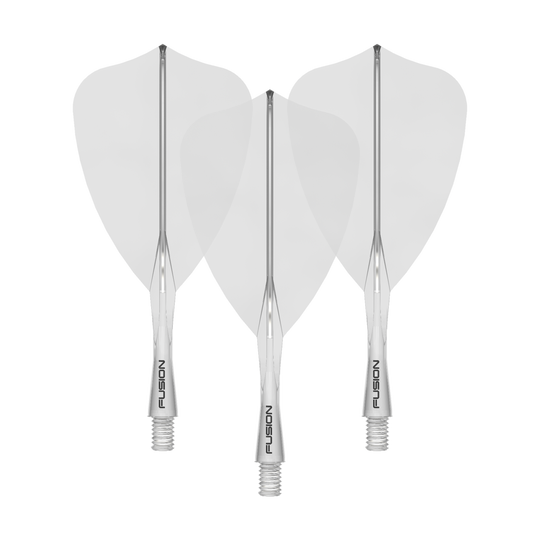 Winmau Fusion Flight Shaft System Freccia Trasparente Das Bild zeigt ein Winmau Fusion Flight Shaft System Arrow, klar und 22mm lang. Es handelt sich um ein Set von Schäften für Dartpfeile.