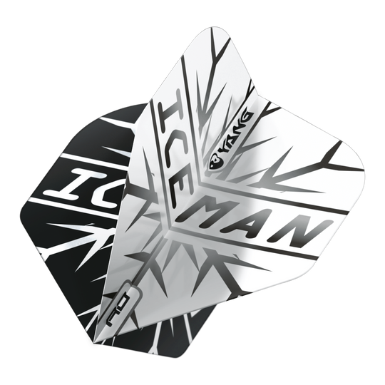 Red Dragon Gerwyn Price Iceman Nero Bianco Yin Yang Voli Standard Das Bild zeigt zwei Dartflights in Schwarz und Weiß mit dem Schriftzug "ICEMAN" und einem auffälligen Eismuster. Auf den Flights ist zudem das Wort "Yin Yang" zu sehen.