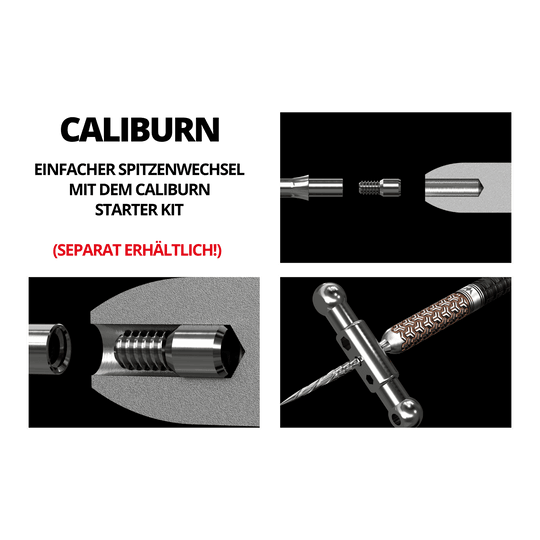 Punte Caliburn System Steeldart - Ripple - NoLip - Nere Das Bild zeigt verschiedene technische Zeichnungen und Werkzeuge für das Mission Caliburn EVO System mit Steeldartspitzen. In roter Schrift steht "SEPARAT ERHÄLTLICH!" auf dem Bild.