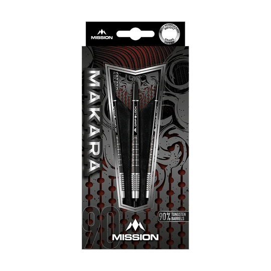 Freccette morbide Mission Makara M2 - 20 g Das Bild zeigt die Verpackung der Mission Makara M2 Softdarts mit einem Gewicht von 20g. Die Darts bestehen zu 90 % aus Tungsten und sind ansprechend gestaltet.