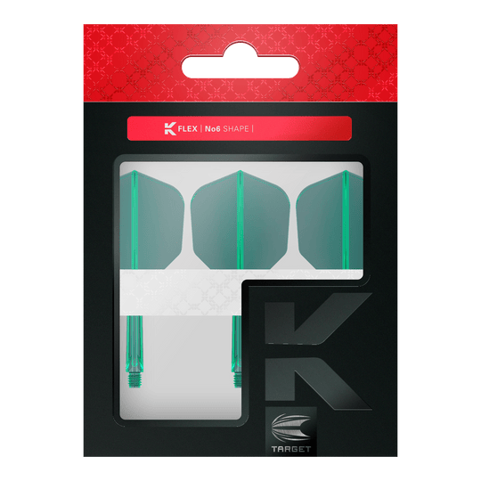 Sistema di volo Target K-Flex No6 - Verde Das Bild zeigt eine Verpackung mit drei grünen Dartflügen und Schäften der Marke Target. Die Packung trägt die Aufschrift "K FLEX | No6 SHAPE".