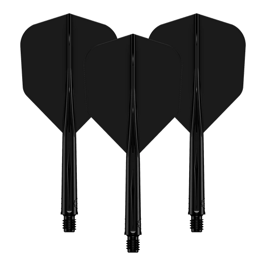 Sistema di alberi di volo Mission Force 90 No6 - Nero Das Bild zeigt drei schwarze Dart-Flights mit daran befestigten Schäften. Sie sind nebeneinander angeordnet und haben ein schlichtes, einfarbiges Design.