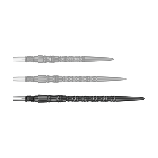 Ein schwarzer Dartspitzenaufsatz ist abgebildet. Die Dartspitze ist 42 mm lang und gehört zur SwissPoint Signature TRB Serie.