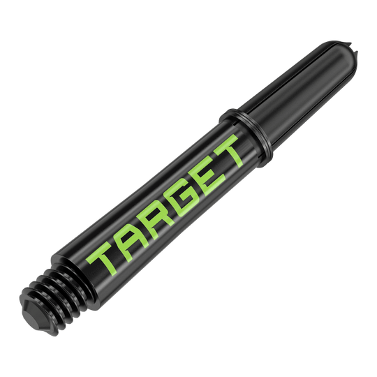 Aste Target Pro Grip TAG - 3 set - Nero Verde Dies ist ein schwarzer Dartschaft mit grünem "TARGET"-Schriftzug. Er hat ein Schraubgewinde an einem Ende und ist 34 mm lang.
