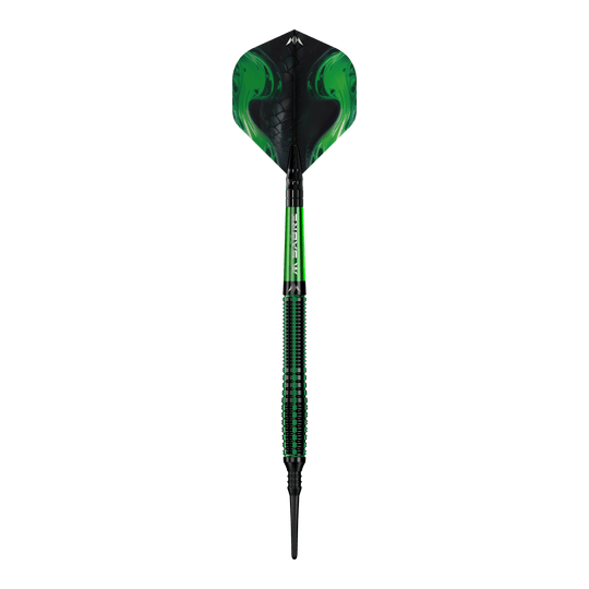 Freccette morbide Mission Venom - 20 g Das Bild zeigt einen Softdart namens "Mission Venom Softdarts - 20g". Der Dart ist überwiegend schwarz und grün gestaltet und hat ein auffälliges, modernes Design.