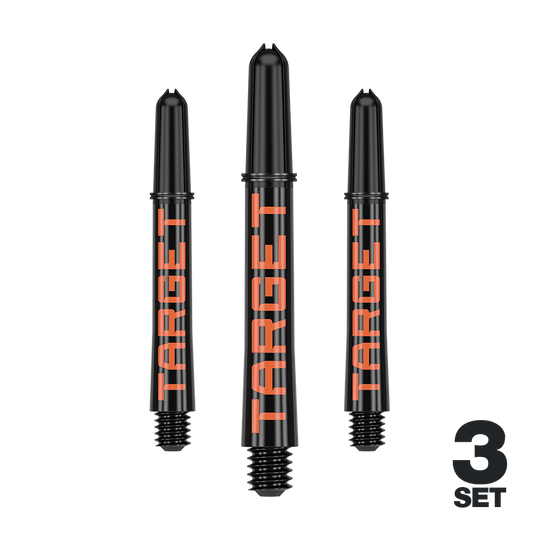 Aste Target Pro Grip TAG - 3 set - Nero Arancione Das Bild zeigt drei schwarze Dartschäfte mit orangener Schrift „TARGET“. In der rechten unteren Ecke steht „3 SET“.