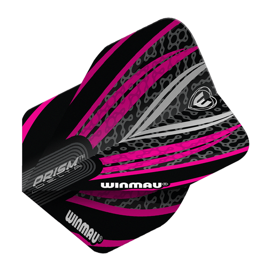 Voli standard Winmau Prism Delta Nero Bianco Rosa n. 2 Das Bild zeigt ein Winmau Prism Delta No2 Standard Dartflight in den Farben Schwarz, Weiß und Pink. Das Flight hat ein auffälliges, modernes Design mit grafischen Mustern und dem Winmau-Logo.