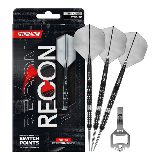 Dardi d'acciaio paralleli Red Dragon Recon Das Bild zeigt die Red Dragon Recon Parallel Steeldarts in voller Länge. Die Steeldarts haben ein modernes Design.