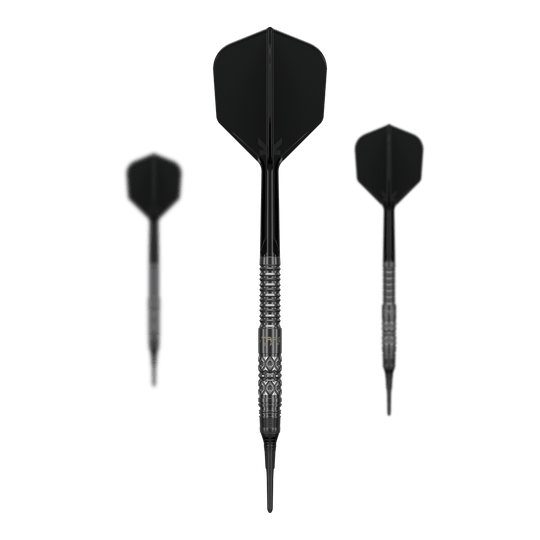 Freccette morbide Target Black Marque Creed - 21,5 g Dieses Bild zeigt das Set der Target Black Marque Creed Softdarts mit 21,5g. Mehrere Komponenten des Dartsets sind deutlich erkennbar.