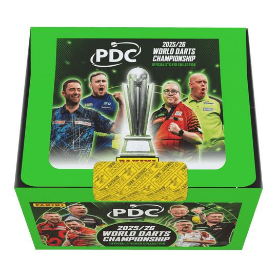 Panini PDC World Darts Championship 2025/26 - Scatola di adesivi con 65 pacchetti Die Panini PDC World Darts Championship 2025/26 Stickerbox mit 65 Tüten ist zu sehen. Das Bild gibt einen Überblick über die Verpackung und den Inhalt der Box.