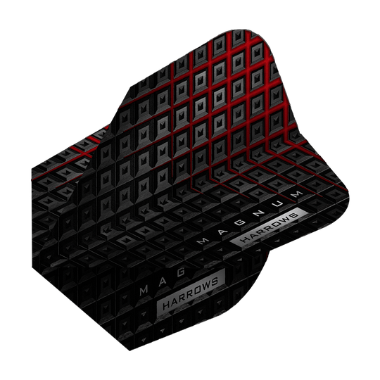 HR36_Harrows_Prime_Magnum_Reloaded_Standard_Flights_2 Das Bild zeigt das Produkt "Harrows Prime Magnum Reloaded Standard Flights". Das Design ist schwarz mit roten Akzenten und geometrischen Mustern.