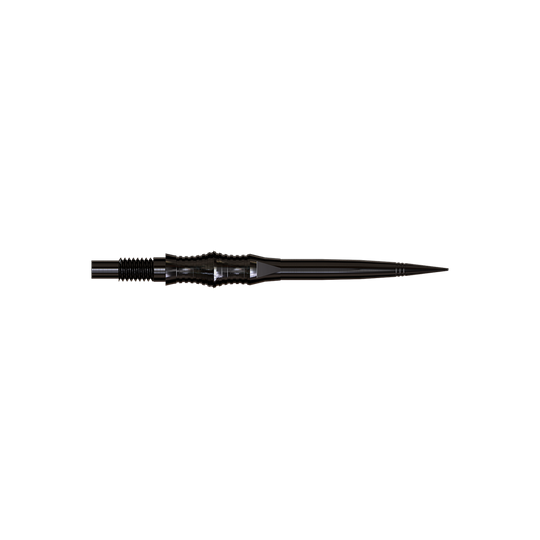 Harrows Quick Point Apex Spire Elite Series Dartspitzen - Schwarz Apex Spire Black Elite Serie Dartspitzen in 30mm werden gezeigt. Die Spitzen sind dunkel und schmal.