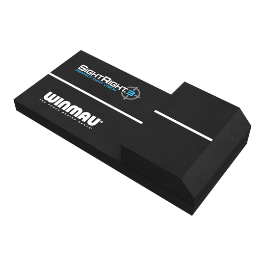 Winmau SightRight 3 - Compatto Das Bild zeigt das Produkt "Winmau SightRight 3 - Compact", ein Hilfsmittel für Dartspieler. Es ist schwarz und hat weiße Linien sowie die Aufschriften "Winmau" und "SightRight 3" auf der Oberfläche.