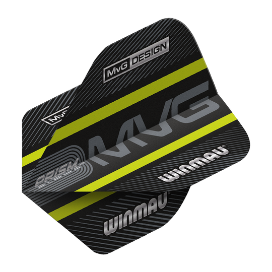 6915-188_Winmau_Prism_Alpha_MvG_Green_Standard_Flights_2 Das Bild zeigt das Produkt "Winmau Prism Alpha MvG Green Standard Flights". Die Flights sind schwarz mit grünen und gelben Akzenten und tragen das Winmau-Logo sowie die Aufschrift "MvG DESIGN".