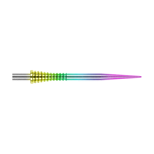 Punte per freccette in acciaio Red Dragon Raptor Gripped Rainbow da 30 mm Auf dem Bild ist eine Red Dragon Raptor Gripped Rainbow Steeldartspitze mit einer Länge von 38 mm zu sehen. Die Spitze besitzt einen farbigen Regenbogeneffekt und eine geriffelte Grifffläche.