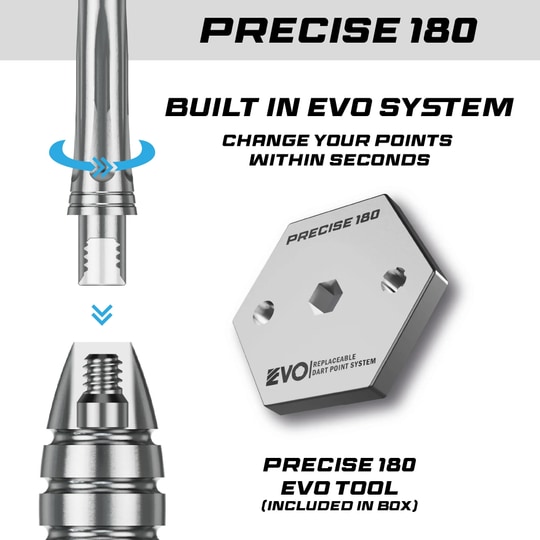 Freccette in acciaio Precise 180 MRV1 Auf dem Bild sind die Precise 180 MRV1 Steeldarts - 23g zu sehen. Diese Darts sind für ihre Präzision und Qualität bekannt.