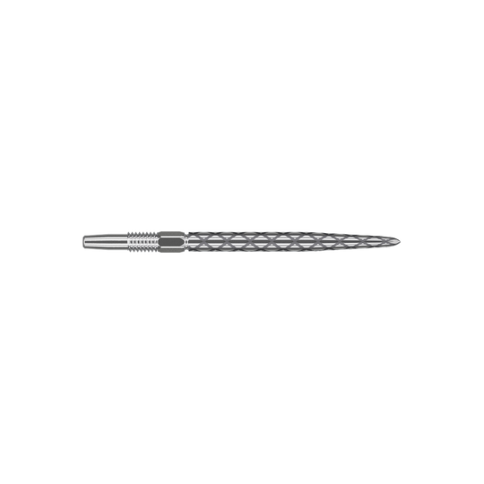 Punte per freccette Target Swiss Diamond Pro Silver Points Das Bild zeigt eine silberne Dartspitze mit einem rautenförmigen Muster. Sie ist lang und schmal gefertigt und hat eine glatte, glänzende Oberfläche.