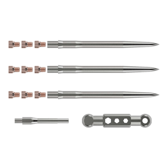 Kit di avviamento Caliburn Das Bild zeigt das Caliburn Starter-Kit mit mehreren metallischen Komponenten. Zu sehen sind lange, spitze Stäbe, kleine Schrauben sowie zwei weitere Werkzeugteile.