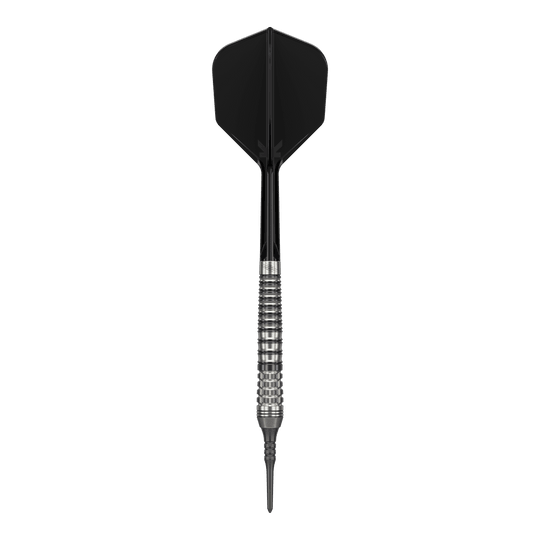Target Japan Black Marque Renegade 4 Softdarts - 19 g Das Bild zeigt einen schwarzen Softdart namens "Target Japan Black Marque Renegade 4" mit einem Gewicht von 19g. Der Dart hat ein elegantes Design mit einem strukturierten Griff und schwarzer Spitze sowie schwarzem Flight.