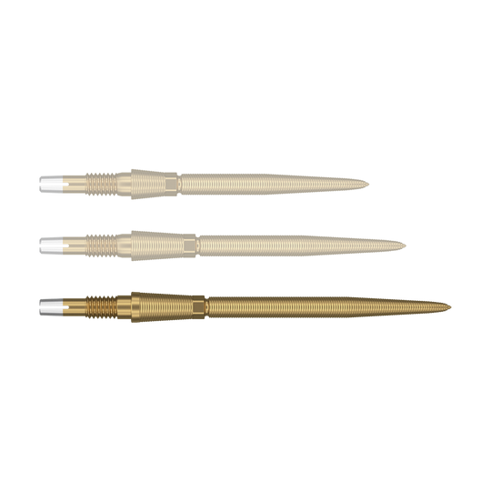 Target Swiss Storm Nano Point Dartspitzen - Gold Auf dem Bild sind drei goldene Dartspitzen nebeneinander zu sehen. Sie haben ein geriffeltes Muster und eine silberne Spitze am Ende.