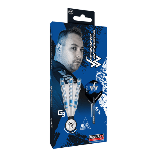 Freccette in acciaio Bulls Jermaine Wattimena Generation 3 Die Verpackung zeigt die Bulls Jermaine Wattimena Generation 3 Steeldarts mit 90% Tungsten. Auf der Vorderseite ist ein Bild von Jermaine Wattimena und die drei Darts abgebildet.