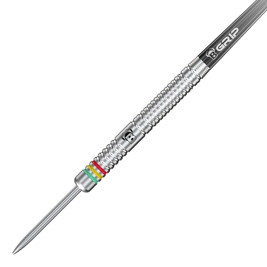 Freccette in acciaio Bulls Martijn Dragt - 24g Das Bild zeigt einen silbernen Steeldart mit Rillen und bunten Ringen nahe der Spitze. Auf dem Dart steht "B GRIP" und es handelt sich um das Modell "Bulls Martijn Dragt Steeldarts - 24g".